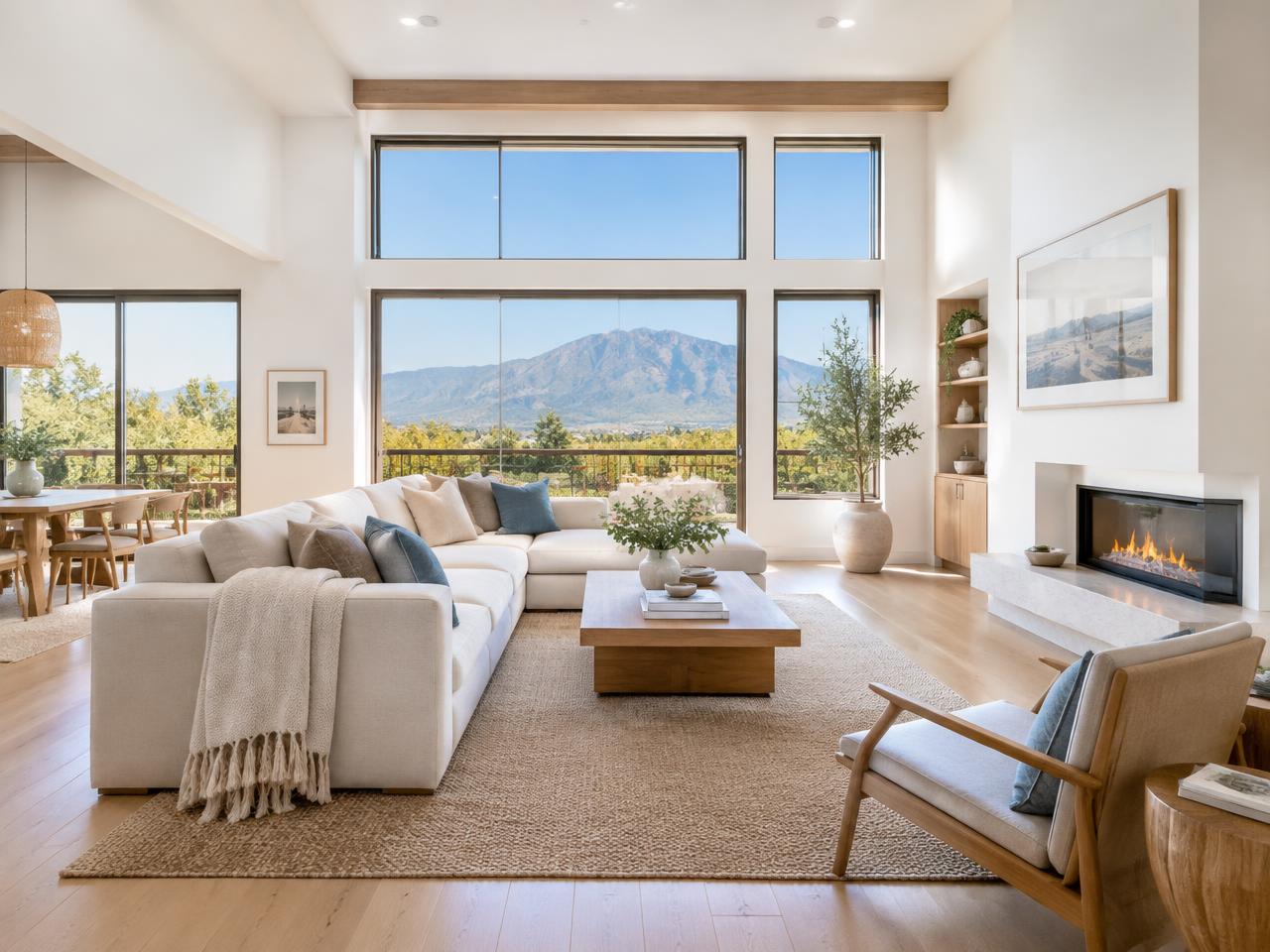 Bright living room with mountain views